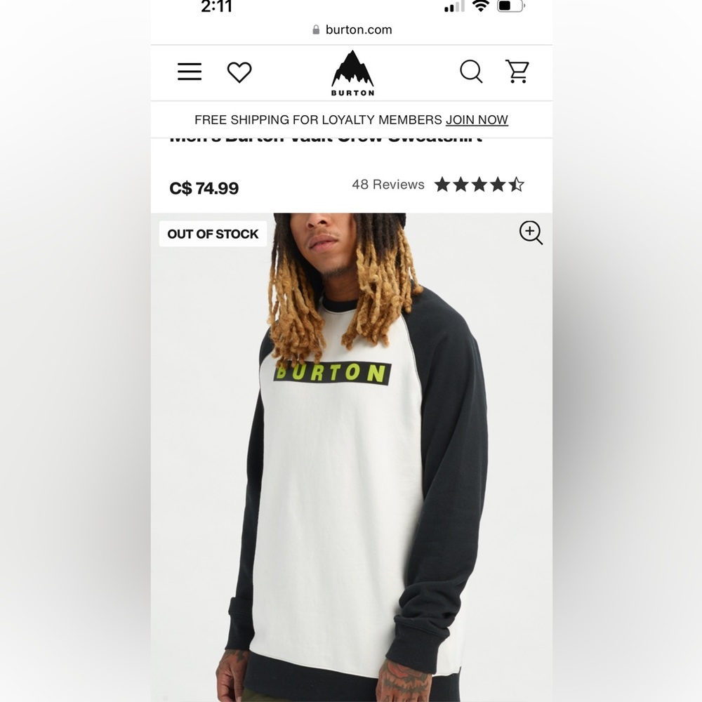 BURTON vault crew sweatshirt size M men’s